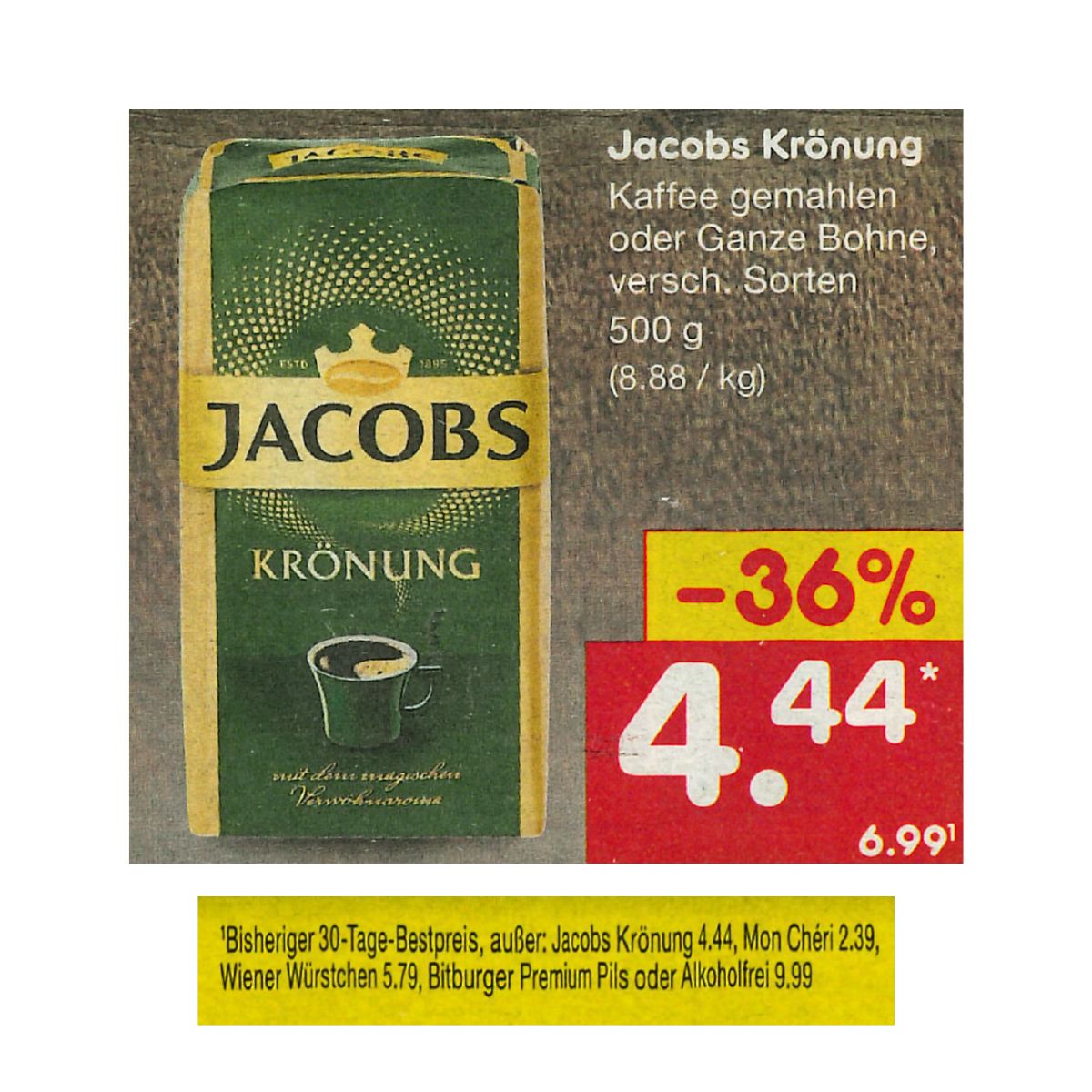 Auszug aus der Werbung mit Jacobs Kaffee für 4,44 EUR und Fußnotentext.