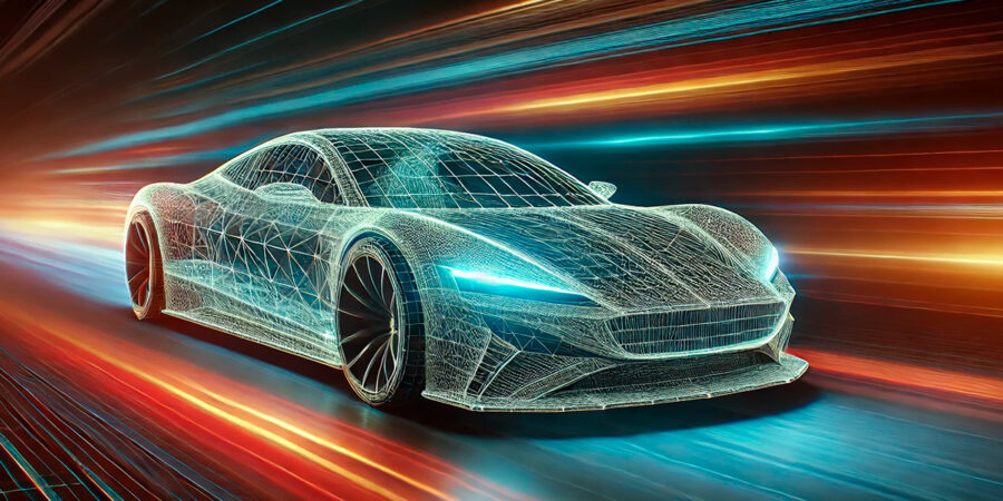 Digitales 3D-Modell eines Sportwagens mit Leuchteffekten auf einer bunten, dynamischen Lichtspur im Hintergrund.