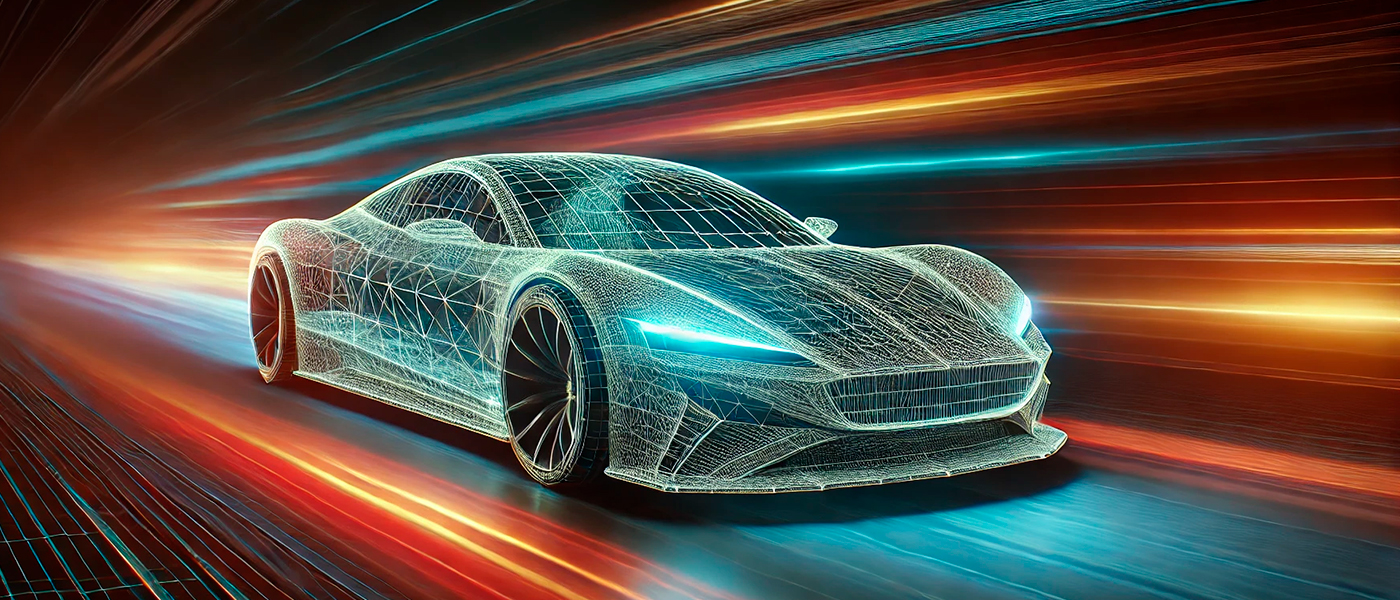 Digitales 3D-Modell eines Sportwagens mit Leuchteffekten auf einer bunten, dynamischen Lichtspur im Hintergrund.