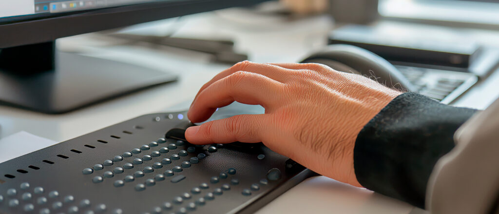 Eine Hand bedient eine Braillezeile vor einem Computerbildschirm – das Gerät übersetzt digitale Inhalte in tastbare Blindenschrift für blinde oder sehbehinderte Menschen.