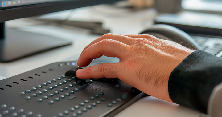 Eine Hand bedient eine Braillezeile vor einem Computerbildschirm – das Gerät übersetzt digitale Inhalte in tastbare Blindenschrift für blinde oder sehbehinderte Menschen.