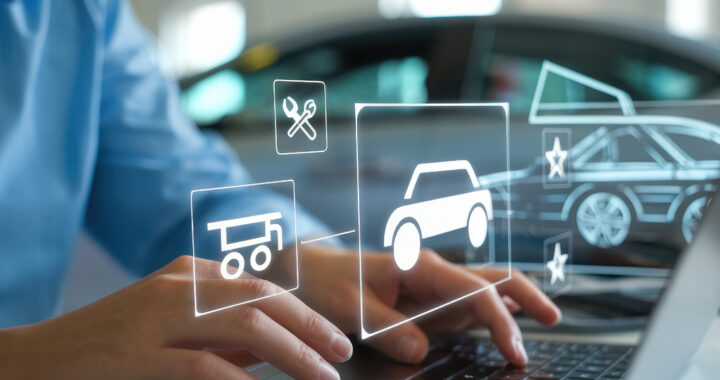 Ein Auto online kaufen: Person tippt auf Laptop mit eingeblendeten Symbolen für Auto, Werkzeuge, Warenkorb und Bewertung, im Hintergrund ein Auto.