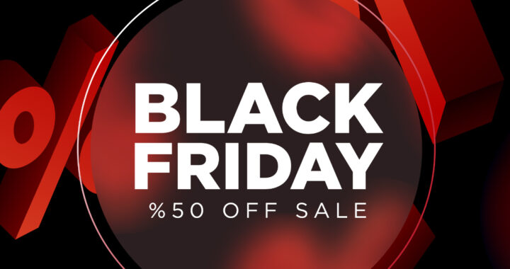 Grafik mit Text „BLACK FRIDAY OFF SALE“ vor dunklem Hintergrund mit roten Prozentzeichen.