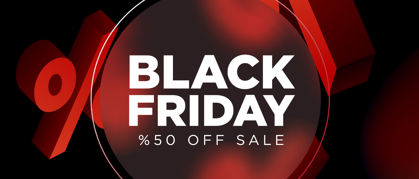 Grafik mit Text „BLACK FRIDAY OFF SALE“ vor dunklem Hintergrund mit roten Prozentzeichen.