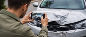Nahaufnahme einer Person von hinten, die mit einem Smartphone ein Foto von der beschädigten Front eines silbernen Autos macht. Die Motorhaube des Fahrzeugs weist deutliche Unfallspuren auf.