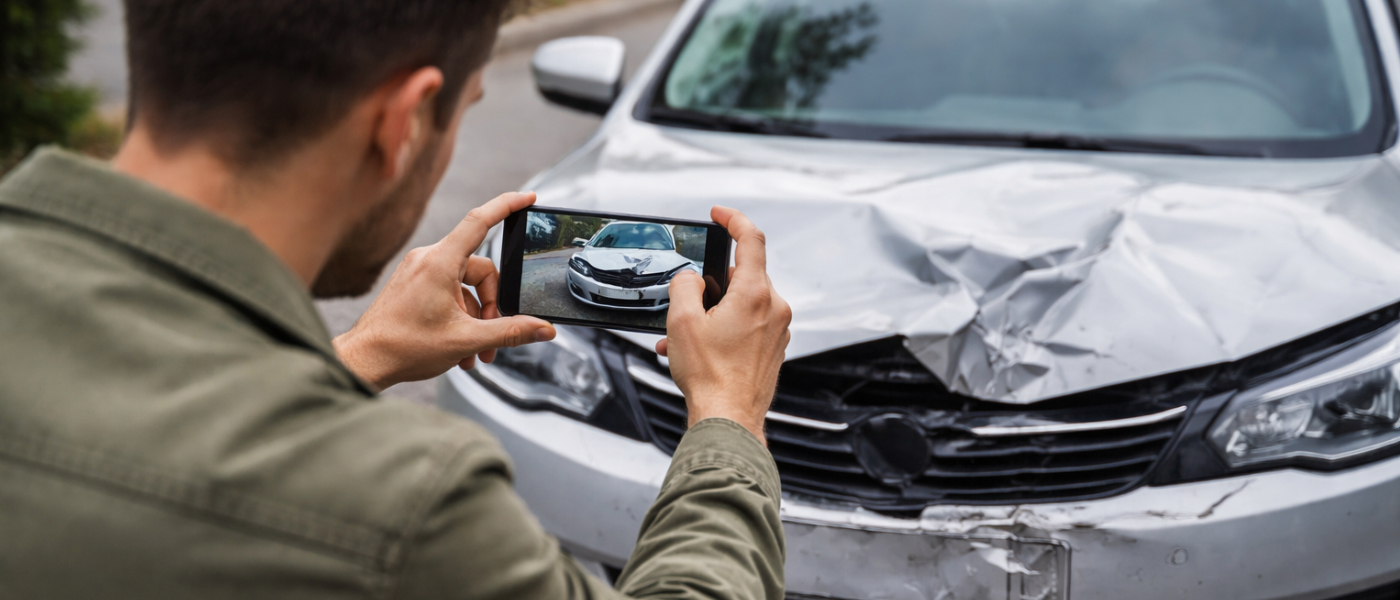 Nahaufnahme einer Person von hinten, die mit einem Smartphone ein Foto von der beschädigten Front eines silbernen Autos macht. Die Motorhaube des Fahrzeugs weist deutliche Unfallspuren auf.