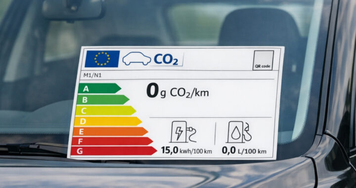 Ein CO₂-Effizienzlabel mit der Angabe „0 g CO₂/km“ und Energieverbrauch „15,0 kWh/100 km“ liegt hinter der Windschutzscheibe eines Autos.