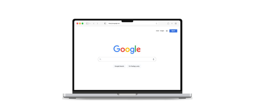 Ein moderner Laptop in der Frontalansicht vor einem weißen Hintergrund. Auf dem Bildschirm ist die Google-Startseite in einem Webbrowser geöffnet, inklusive des Google-Logos, des Suchfelds und der Schaltflächen „Google-Suche“ und „Auf gut Glück!“.