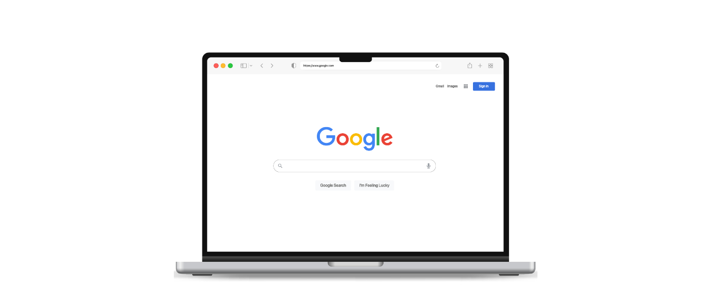 Ein moderner Laptop in der Frontalansicht vor einem weißen Hintergrund. Auf dem Bildschirm ist die Google-Startseite in einem Webbrowser geöffnet, inklusive des Google-Logos, des Suchfelds und der Schaltflächen „Google-Suche“ und „Auf gut Glück!“.