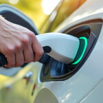 Eine Nahaufnahme zeigt eine Hand, die einen weißen Ladestecker in die grün leuchtende Ladebuchse eines weißen Elektroautos steckt. Der Hintergrund zeigt verschwommene, sonnendurchflutete Bäume.