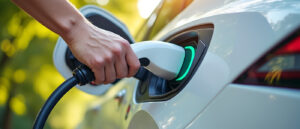 Eine Nahaufnahme zeigt eine Hand, die einen weißen Ladestecker in die grün leuchtende Ladebuchse eines weißen Elektroautos steckt. Der Hintergrund zeigt verschwommene, sonnendurchflutete Bäume.