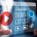 Nahaufnahme einer Hand, die auf ein virtuelles Dashboard zur KI-gesteuerten Content-Erstellung zeigt. Das transparente Interface enthält den Schriftzug Generate, einen markanten roten Play-Knopf sowie Symbole für das Generieren von Musik, Texten, Videos und Bildern mittels künstlicher Intelligenz. Im unscharfen Hintergrund ist der Oberkörper einer Person in einem blauen Hemd zu sehen.