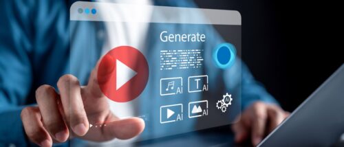 Nahaufnahme einer Hand, die auf ein virtuelles Dashboard zur KI-gesteuerten Content-Erstellung zeigt. Das transparente Interface enthält den Schriftzug Generate, einen markanten roten Play-Knopf sowie Symbole für das Generieren von Musik, Texten, Videos und Bildern mittels künstlicher Intelligenz. Im unscharfen Hintergrund ist der Oberkörper einer Person in einem blauen Hemd zu sehen.