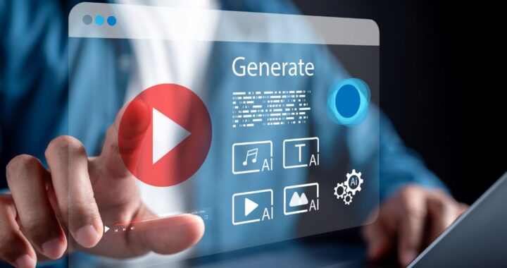 Nahaufnahme einer Hand, die auf ein virtuelles Dashboard zur KI-gesteuerten Content-Erstellung zeigt. Das transparente Interface enthält den Schriftzug Generate, einen markanten roten Play-Knopf sowie Symbole für das Generieren von Musik, Texten, Videos und Bildern mittels künstlicher Intelligenz. Im unscharfen Hintergrund ist der Oberkörper einer Person in einem blauen Hemd zu sehen.
