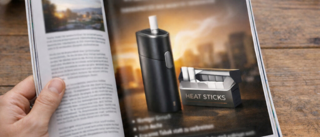 Eine Nahaufnahme zeigt ein aufgeschlagenes Magazin auf einem rustikalen Holztisch, das auf der linken Seite von einer Hand gehalten wird. Die rechte Seite zeigt eine Werbeanzeige für einen Tabakerhitzer mit einem schwarzen Gerät und einer Packung „HEAT STICKS“ vor einer Stadtkulisse im Sonnenuntergang.