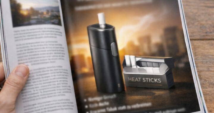 Eine Nahaufnahme zeigt ein aufgeschlagenes Magazin auf einem rustikalen Holztisch, das auf der linken Seite von einer Hand gehalten wird. Die rechte Seite zeigt eine Werbeanzeige für einen Tabakerhitzer mit einem schwarzen Gerät und einer Packung „HEAT STICKS“ vor einer Stadtkulisse im Sonnenuntergang.