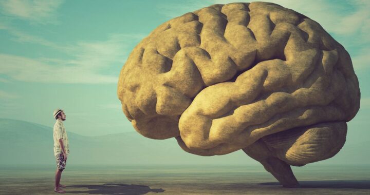 In einer surrealen Darstellung im Retro-Stil steht ein kleiner Mann vor einem riesengroßen Gehirn aus Stein in einer weiten, surrealen Landschaft.