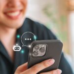 Person hat ein Handy in der Hand und Robotersymbol stellt dar, dass die Person mit einem Chatbot schreibt
